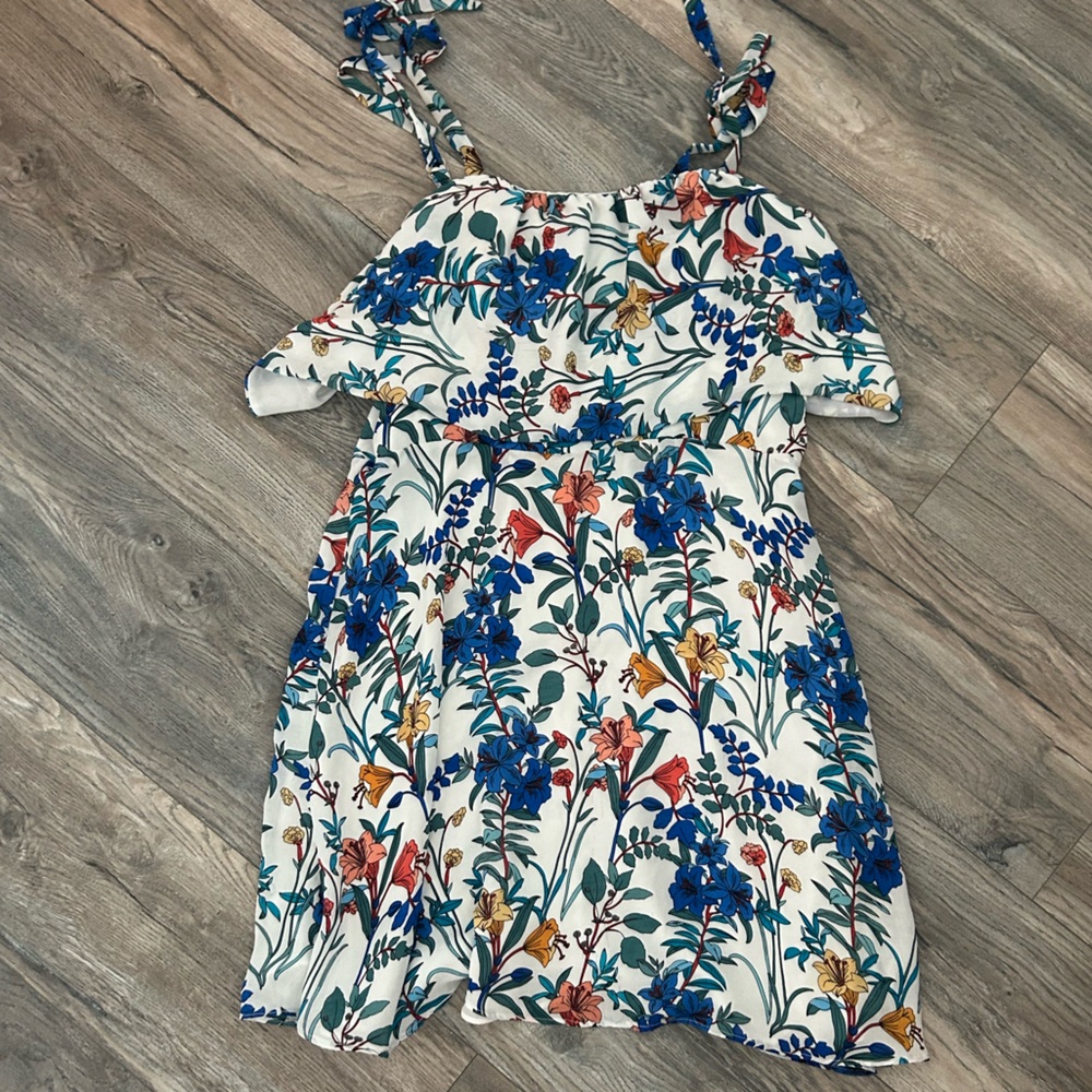 Parker white floral tie tank straps flowy mini dress women’s size large